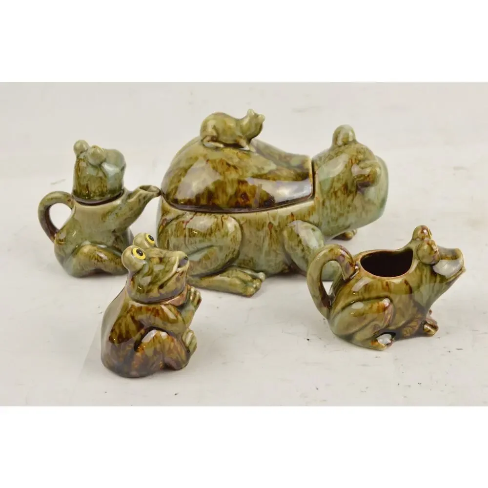 Frog Ceramic Tea Condiment Set x4 Lidded Bowl Sugar Creamer Green Glazed Pottery